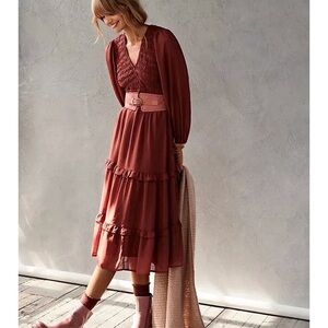 New Anthropologie By The River Tiered Ruffled Renaissance Midi Dress in Wine S